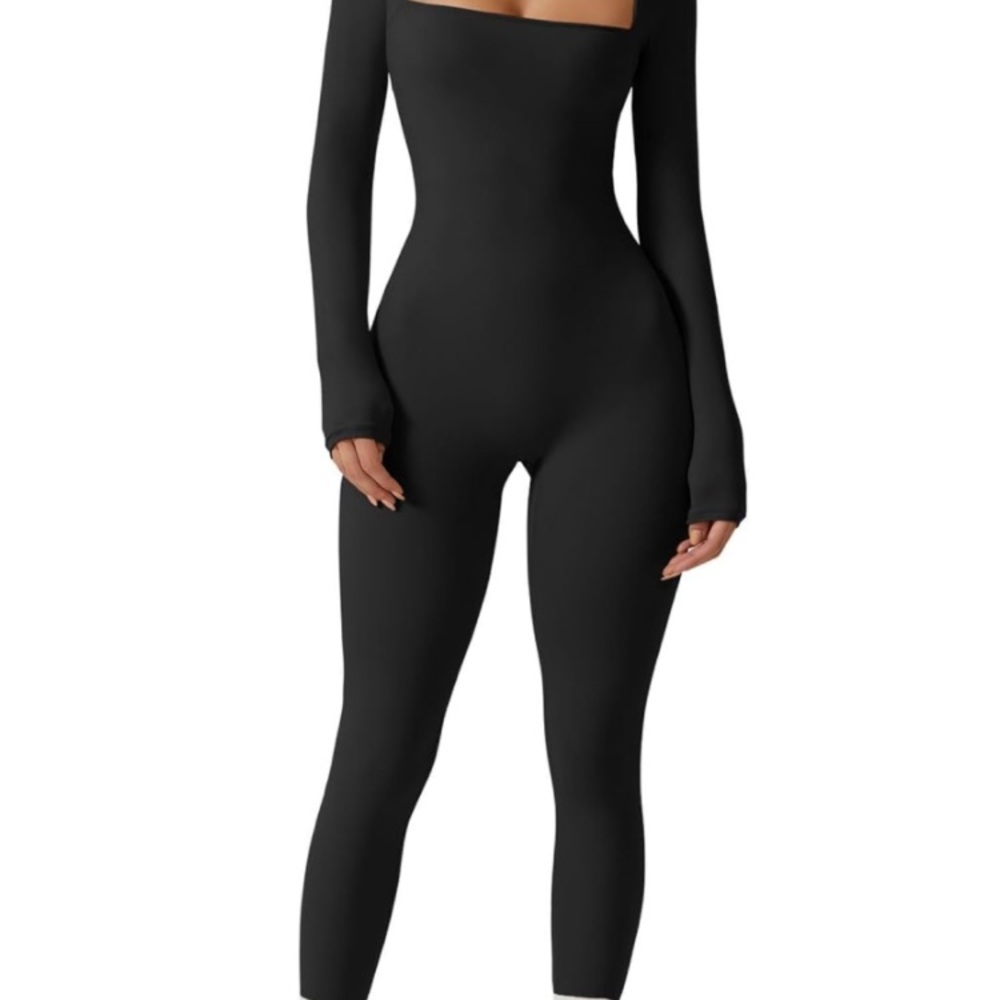 QINSEN Womens Sexy Square Neck Long Sleeve Full Length Bodycon Stretch Jumpsuit